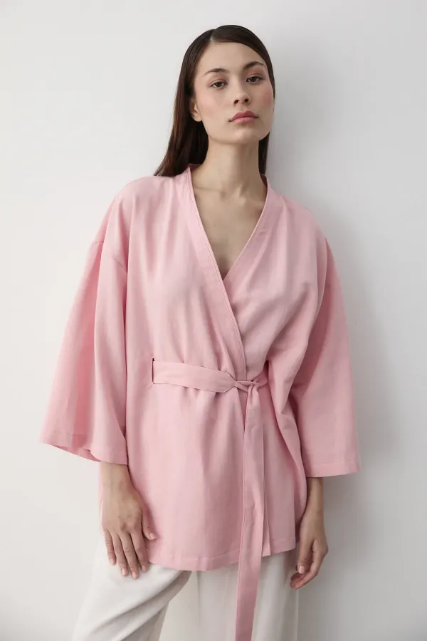 Pembe Iç Kemerli Fakir Kol Kimono - 5383