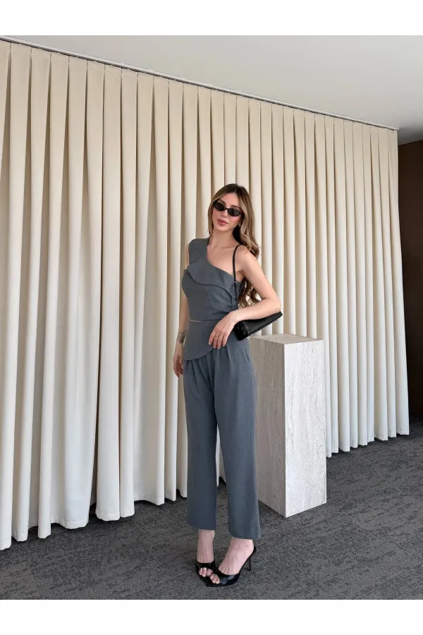 Gri Tek Omuz Tasarım Yaka Bluz Pantolon Takım - 8003