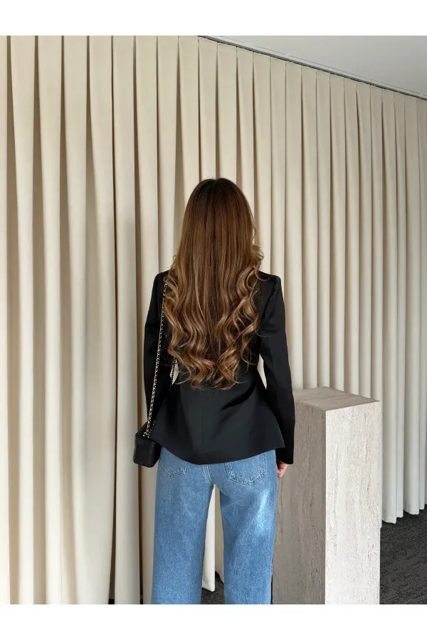 Siyah Tasarım Düğmeli Parlak Kumaş Military Ceket - 1411