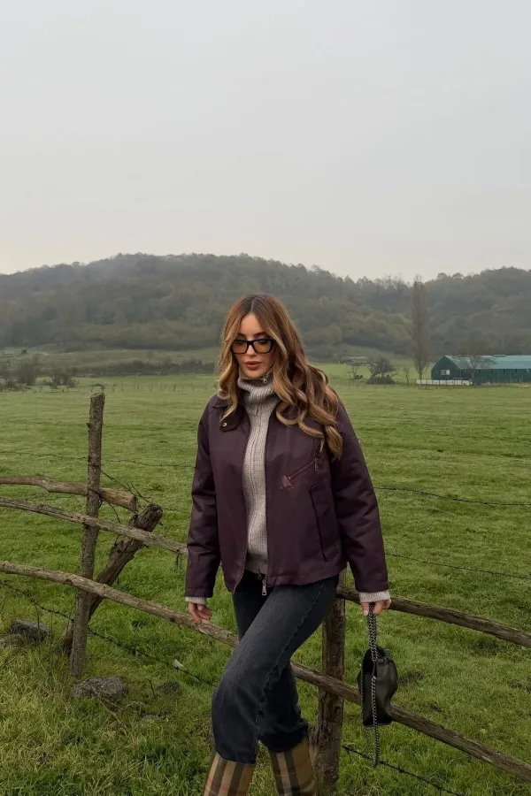 Bordo Cepli Kadife Yaka Ceket - 5124