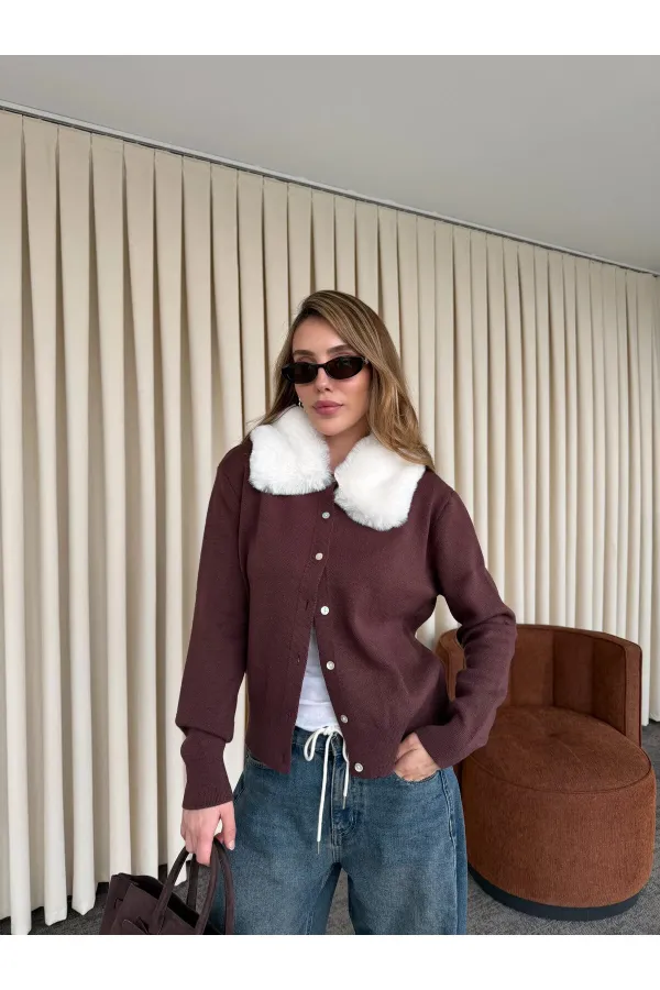 Bordo Yakası Kürklü Hırka - 261002