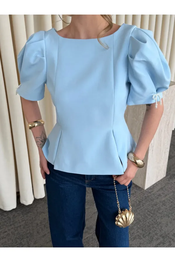 Mavi Kolu İnci Fiyonk Detaylı Bluz - 5001