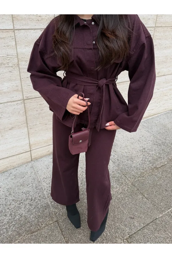 Mürdüm Bağlamalı Denim Ceket Pantolon Takım