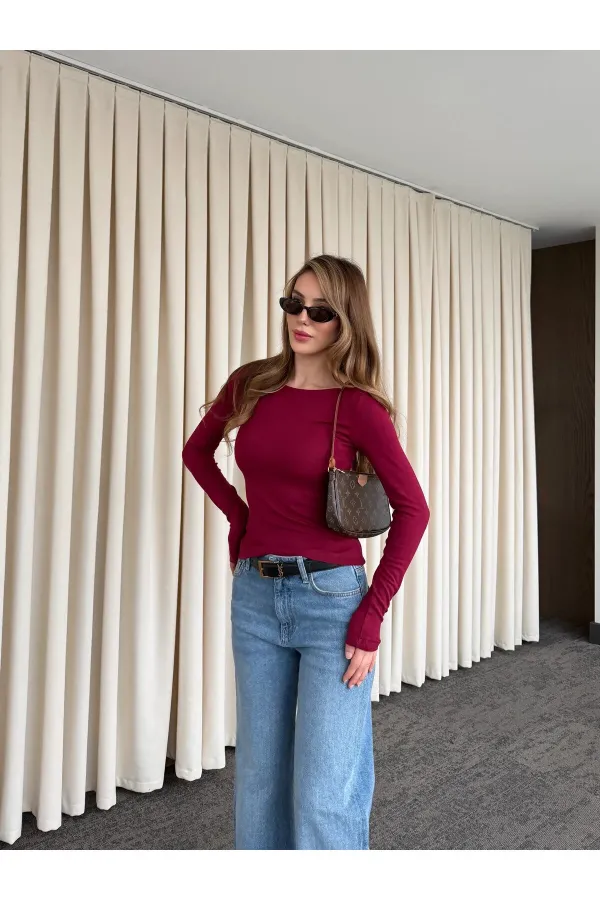 Bordo Bisiklet Yaka Uzun Kollu Body - 0098