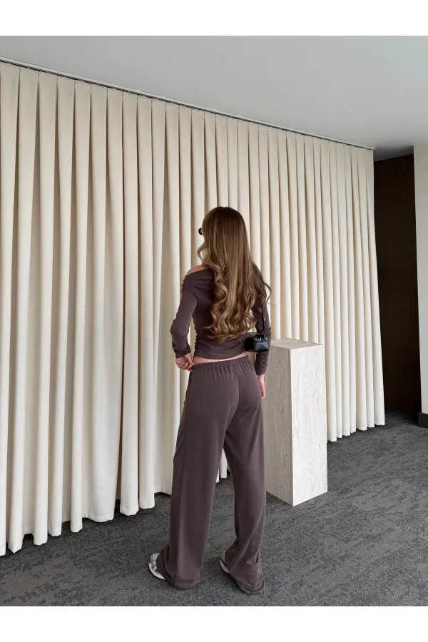 Kahverengi Kayık Yaka Modal İkili Takım - 7323