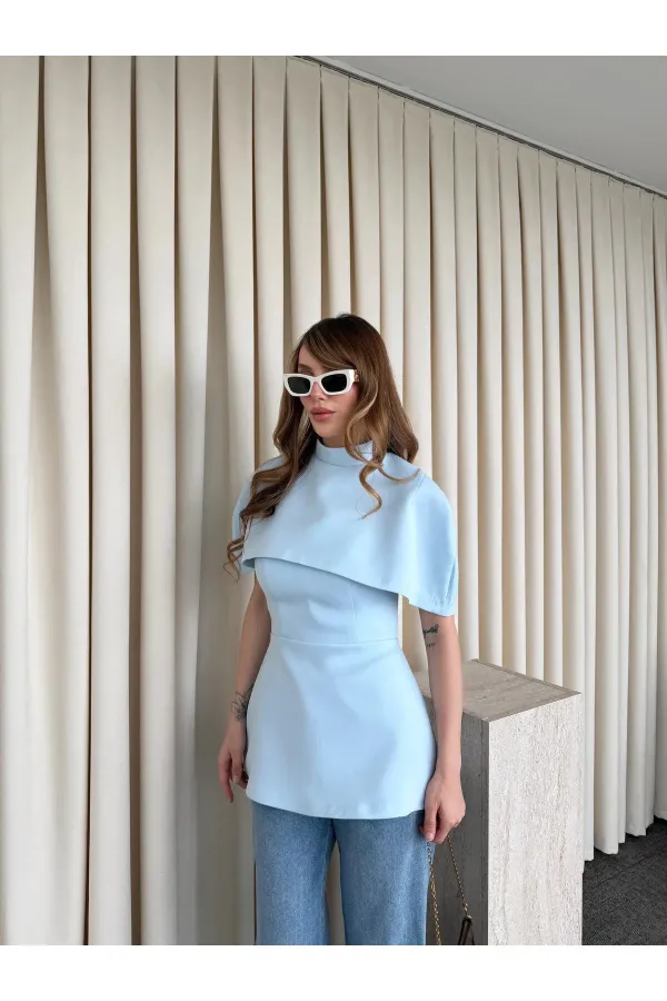 Mavi Pelerinli Straplez Bluz - 1101