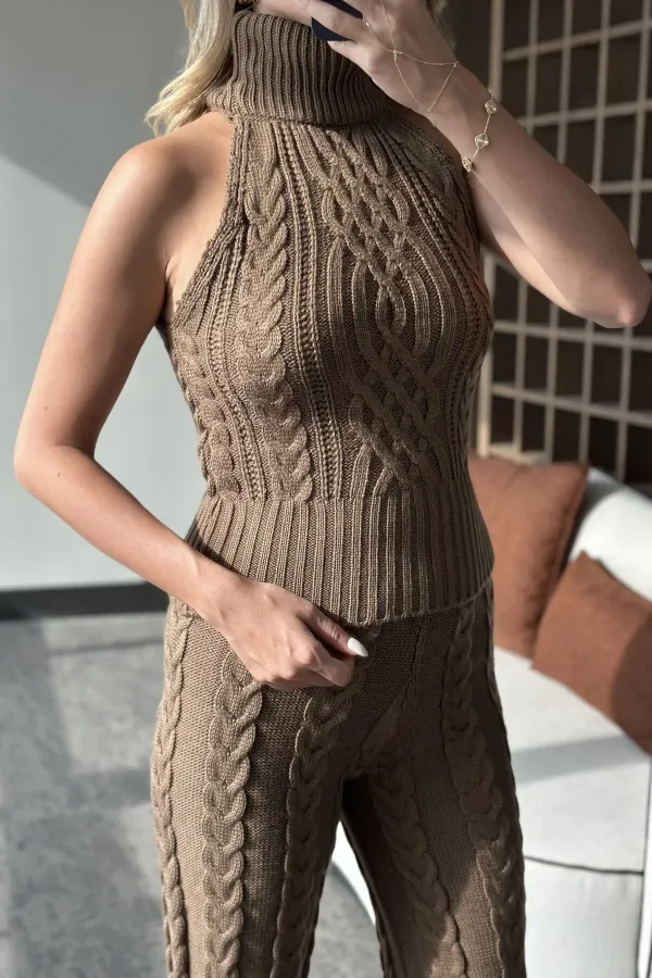 Ensemble chemisier sans manches et pantalon couleur café au lait - 3009