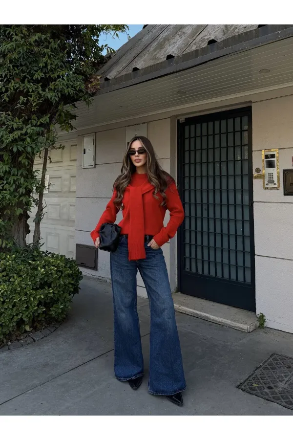 Red Shawl Detail Sweater - 251180