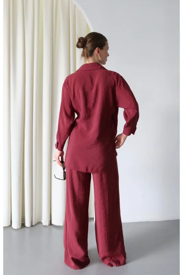 Burgundy Kimono Set with Collar Detail and Tie-Up - 8459 Burgundy Kimono Set with Collar Detail and Tie-Up - 8459