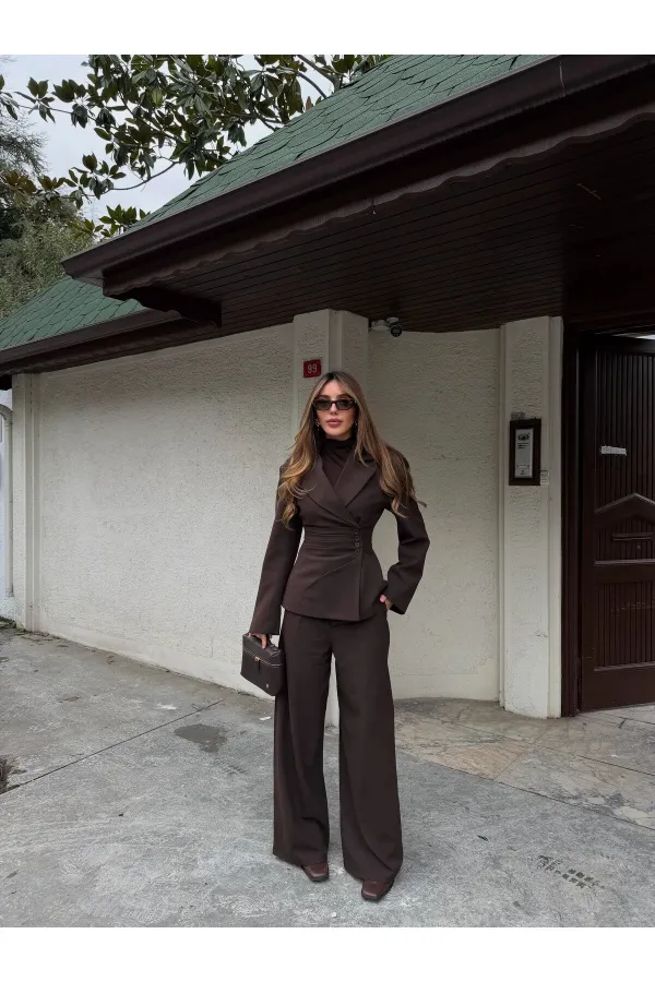 Kahverengi 4 Yan Düğmeli Ceket Pantolon Takım - 202602