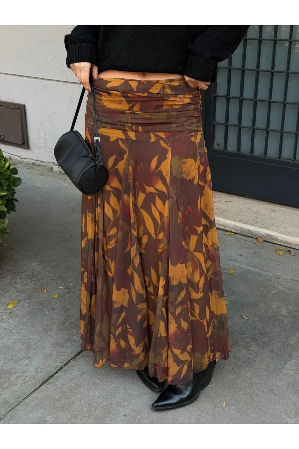 Haki - Sarı Yaprak Desenli Etek - 251101