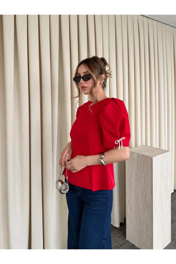 Kırmızı Kolu İnci Fiyonk Detaylı Bluz - 5001