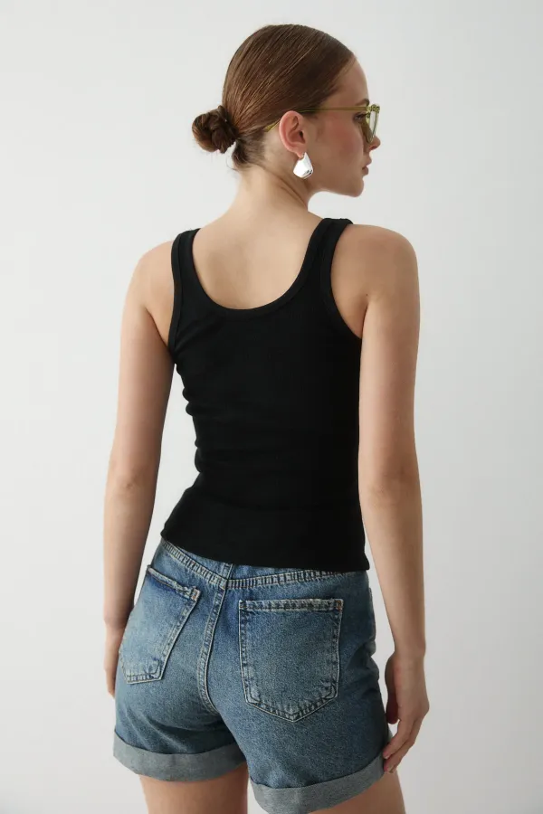 Black Front Buttoned Tank Top - 251001