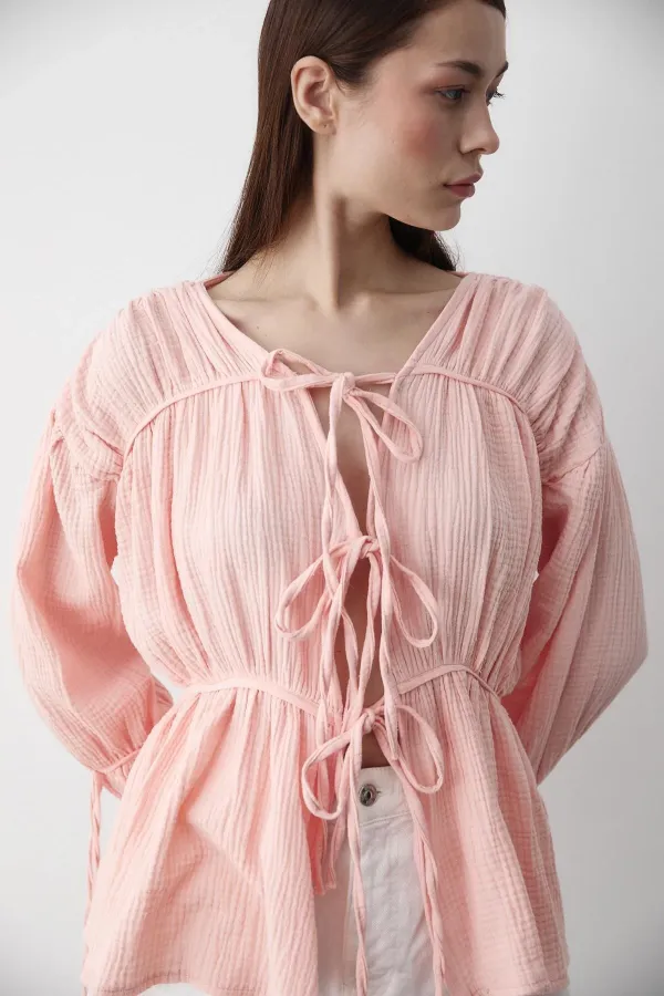 Pink 100% Cotton Muslin Shirt with Elasticated Sleeves Pink 100% Cotton Muslin Shirt with Elasticated Sleeves