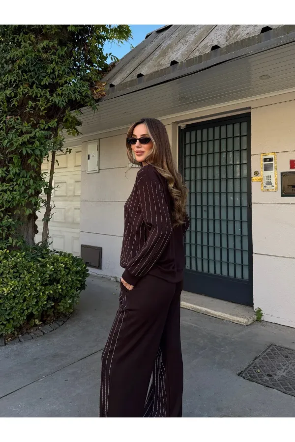 Kahverengi Taşlı Bluz Pantolon Takım - 0766