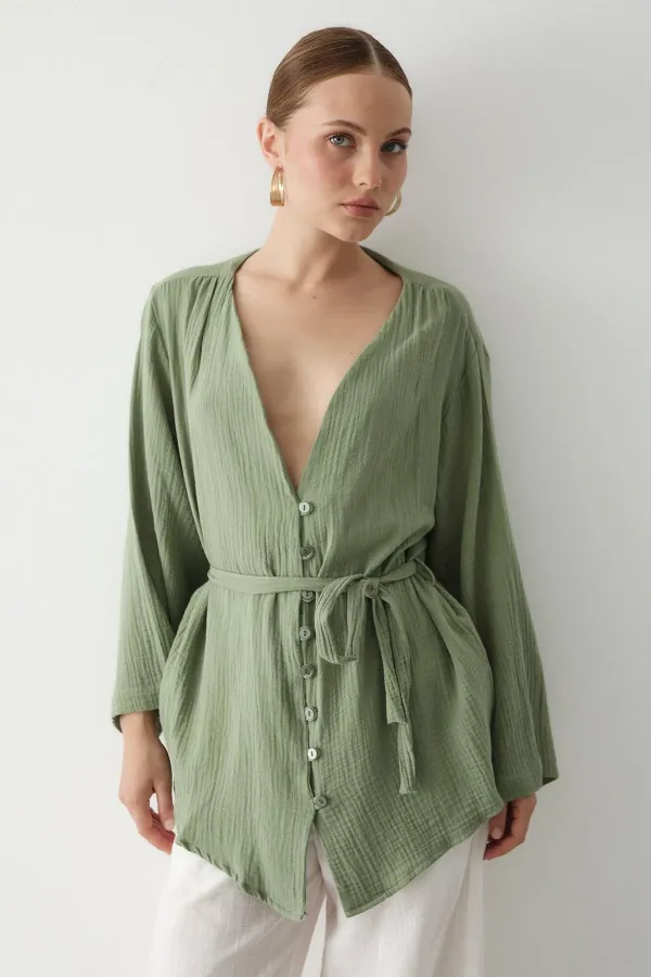 Khaki Multi-Button Kimono
