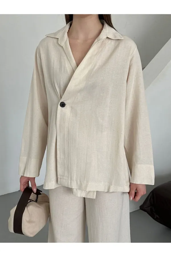 Natural 100% Cotton Double-Breasted Single-Button Kimono Pants Set - 8351 Natural 100% Cotton Double-Breasted Single-Button Kimono Pants Set - 8351