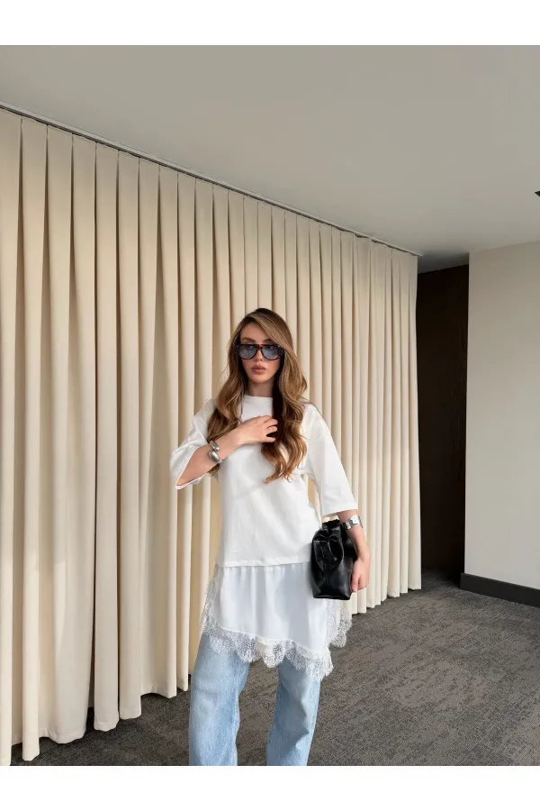 Beyaz Asimetrik Dantelli Bluz - 0771