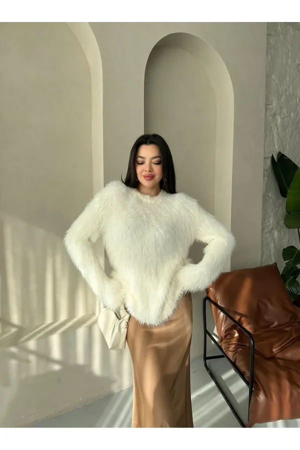 Sütlü Kahve Yandan Gizli Fermuarlı Beli Lastikli Saten Etek