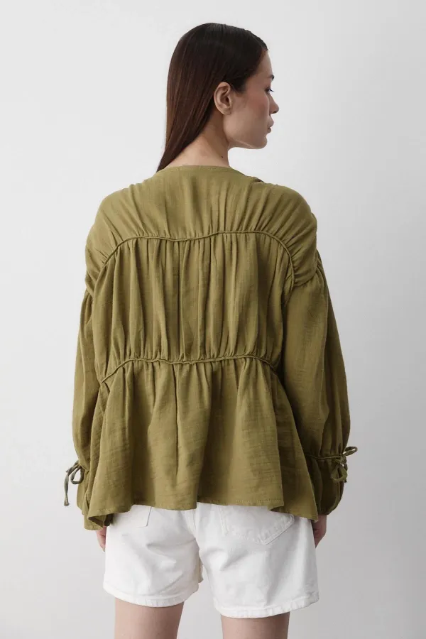 Khaki 100% Cotton Muslin Shirt with Elasticated Sleeves