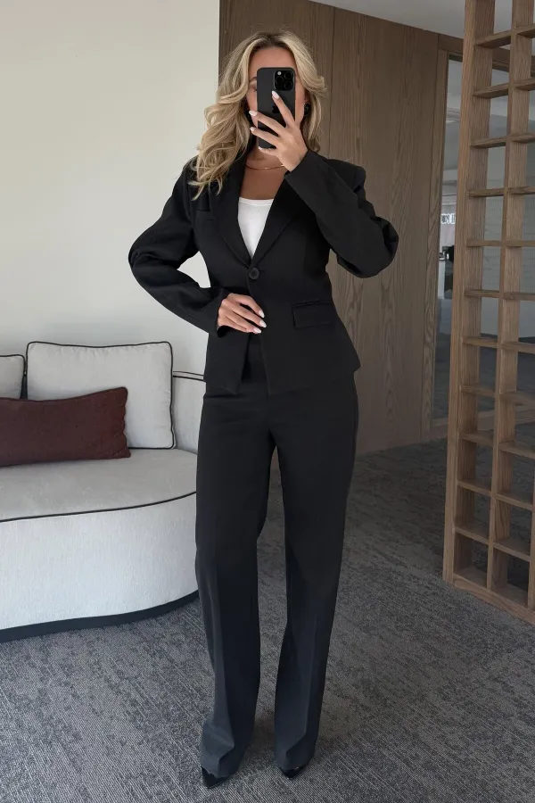 Black Jacket and Trousers Suit with Sleeve Darts and Fitted Waist - 9480