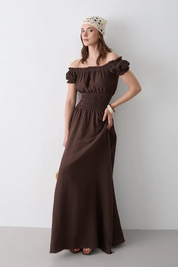Kahverengi Büzgülü Elbise - 2002