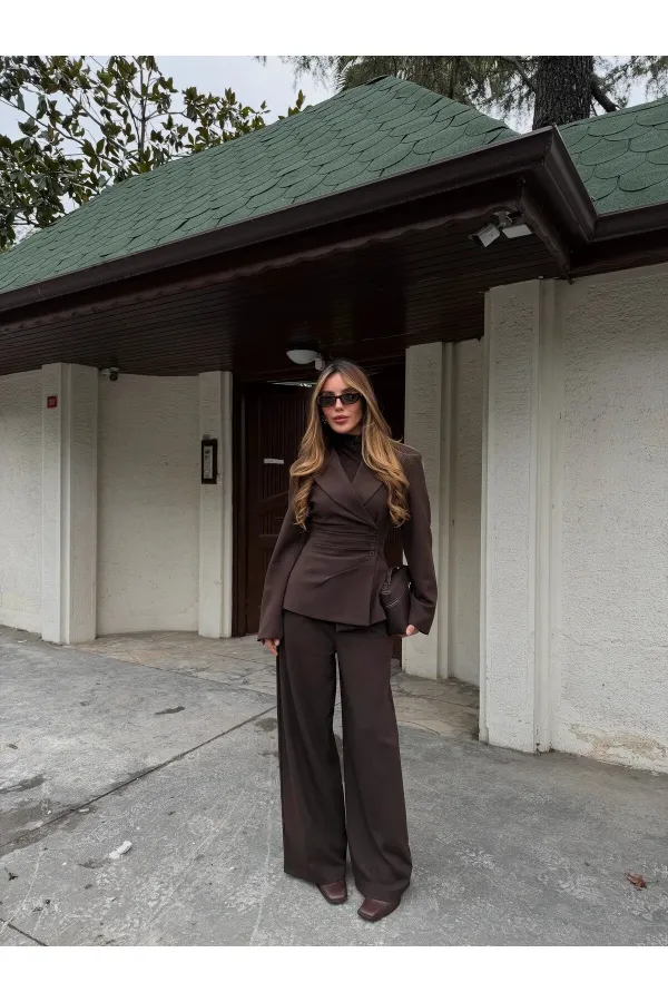 Kahverengi 4 Yan Düğmeli Ceket Pantolon Takım - 202602