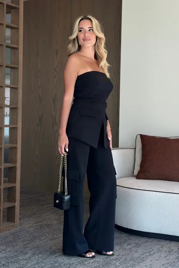 Black Strapless Blouse and Cargo Pants Set - 1414