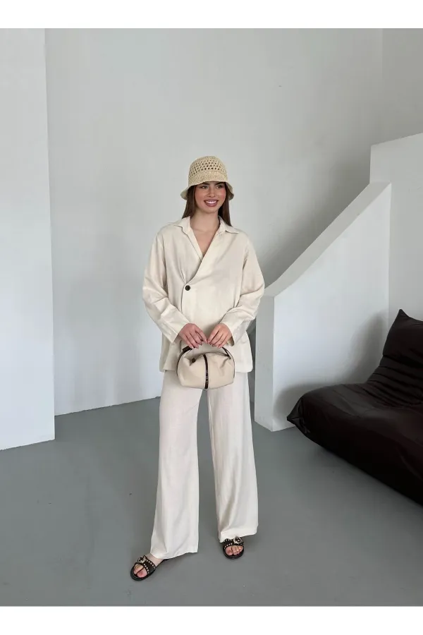 Natural 100% Cotton Double-Breasted Single-Button Kimono Pants Set - 8351 Natural 100% Cotton Double-Breasted Single-Button Kimono Pants Set - 8351