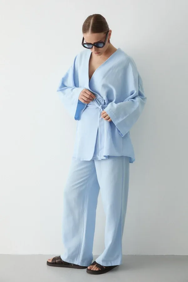 Mavi Pamuklu Kimono Bol Paça Pantolon Takım Mavi Pamuklu Kimono Bol Paça Pantolon Takım