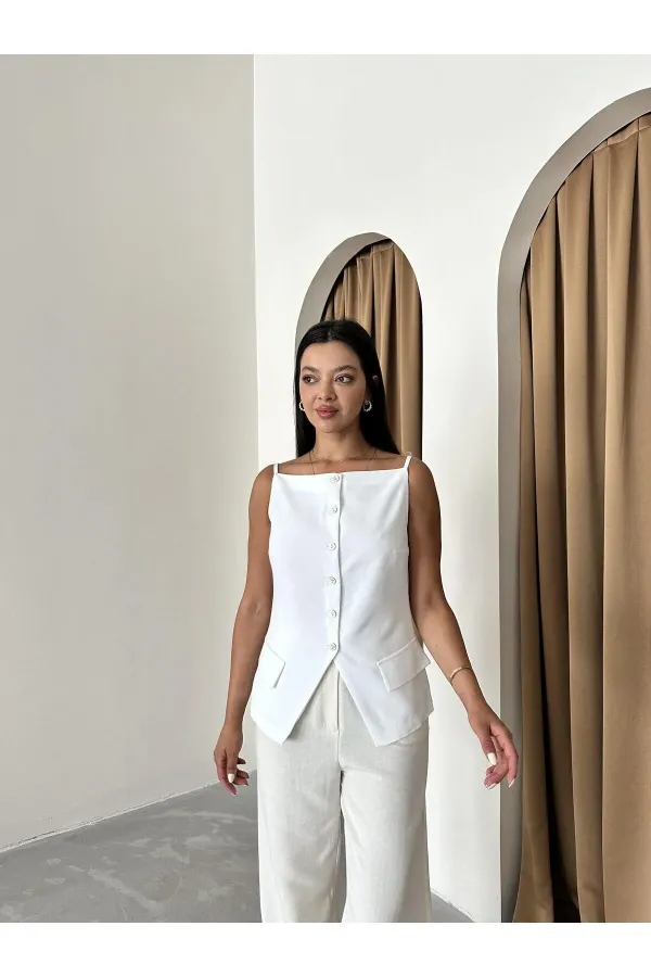 White 100% Cotton Thin Strap Vest with Pocket and Button Details White 100% Cotton Thin Strap Vest with Pocket and Button Details