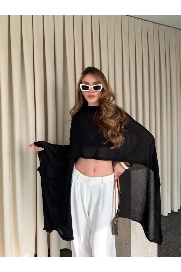 Siyah Muadil Tasarım Triko Pelerin Şal - 5241