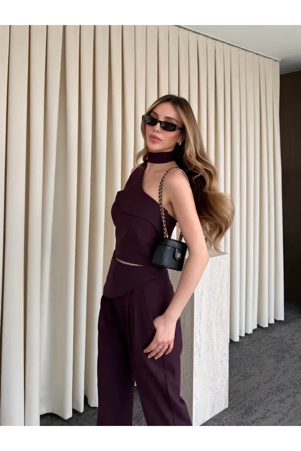 Mürdüm Tek Omuz Tasarım Yaka Bluz Pantolon Takım - 8003