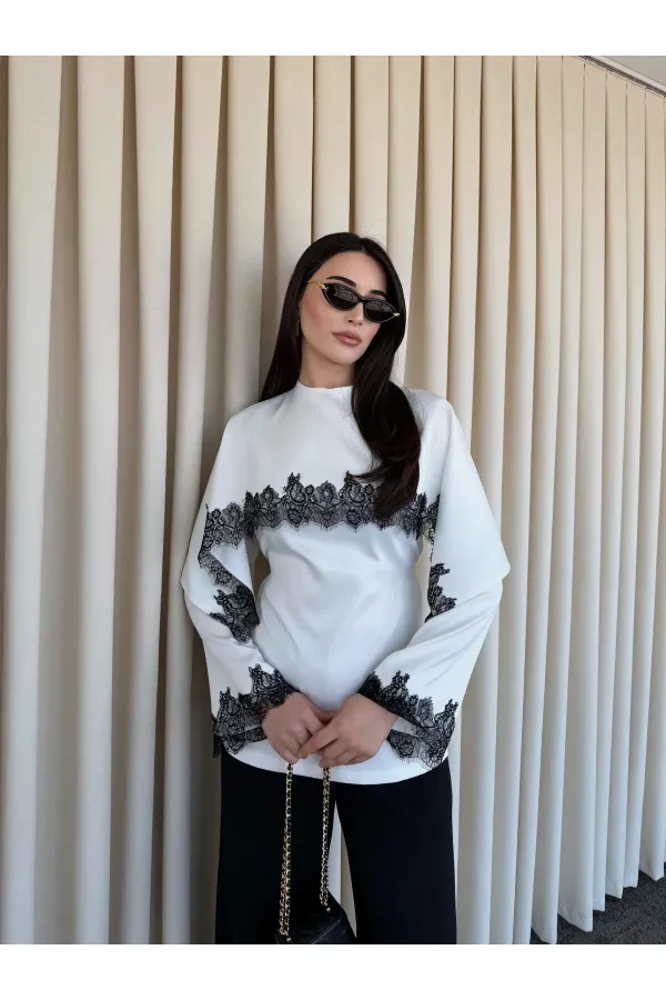Beyaz Dantel İşlemeli Pelerin Saten Bluz - 1401
