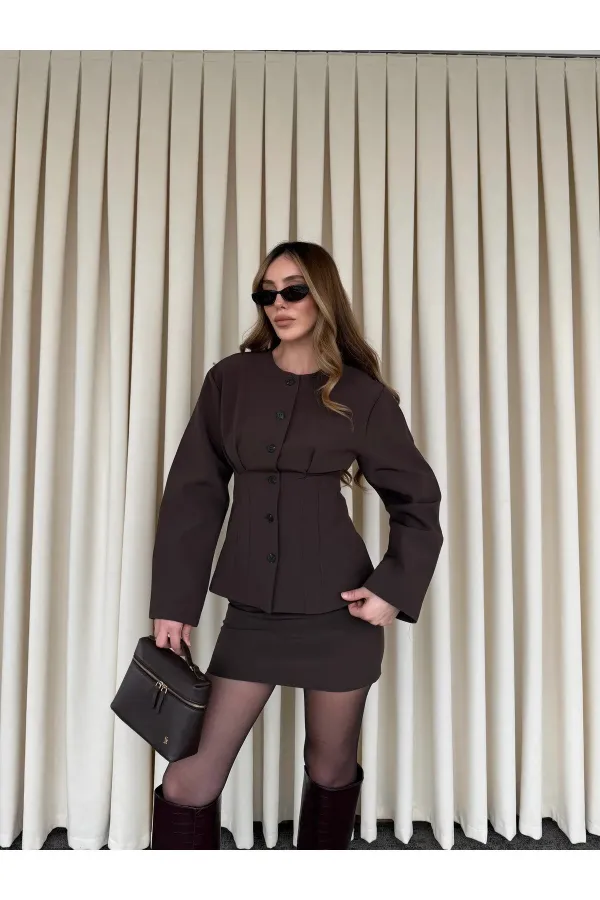 Kahverengi Düğmeli Pileli Ceket Etek Takım - 30422