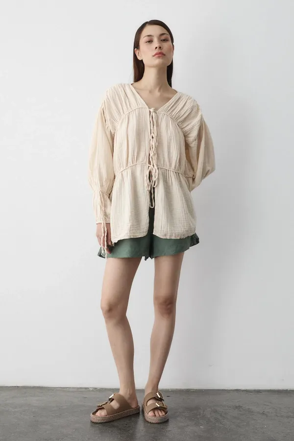 Natural 100% Cotton Muslin Shirt with Elasticated Sleeves