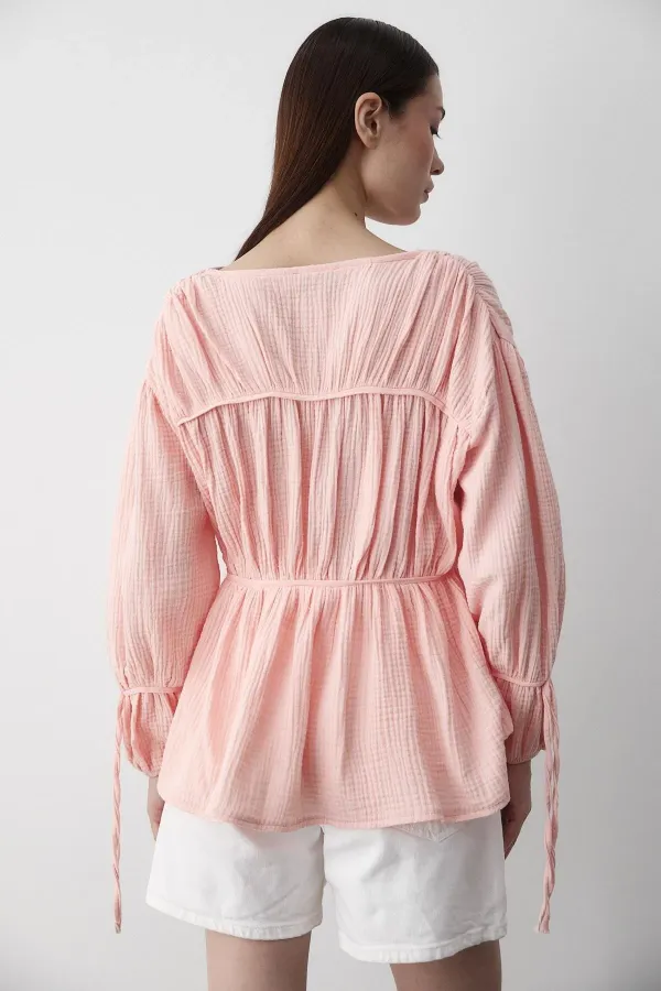 Pink 100% Cotton Muslin Shirt with Elasticated Sleeves Pink 100% Cotton Muslin Shirt with Elasticated Sleeves