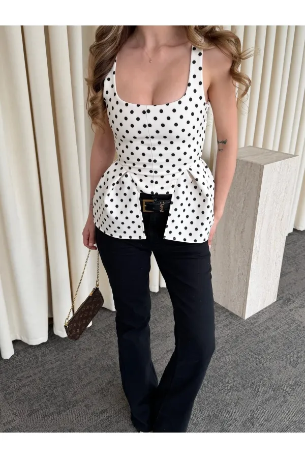 Bej Askılı Puantiyeli Bluz - 5081