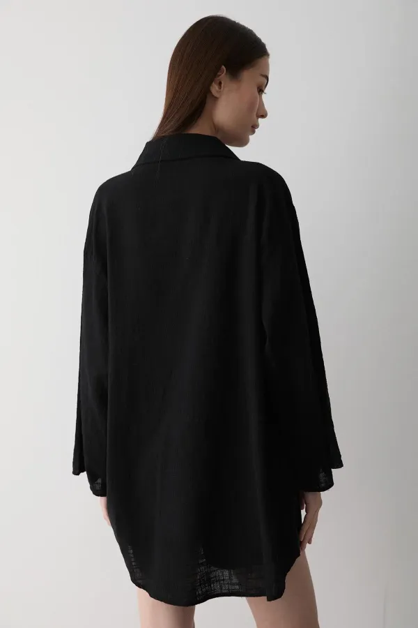 Black 100% Cotton Linen Kimono Blouse with Lace Detail