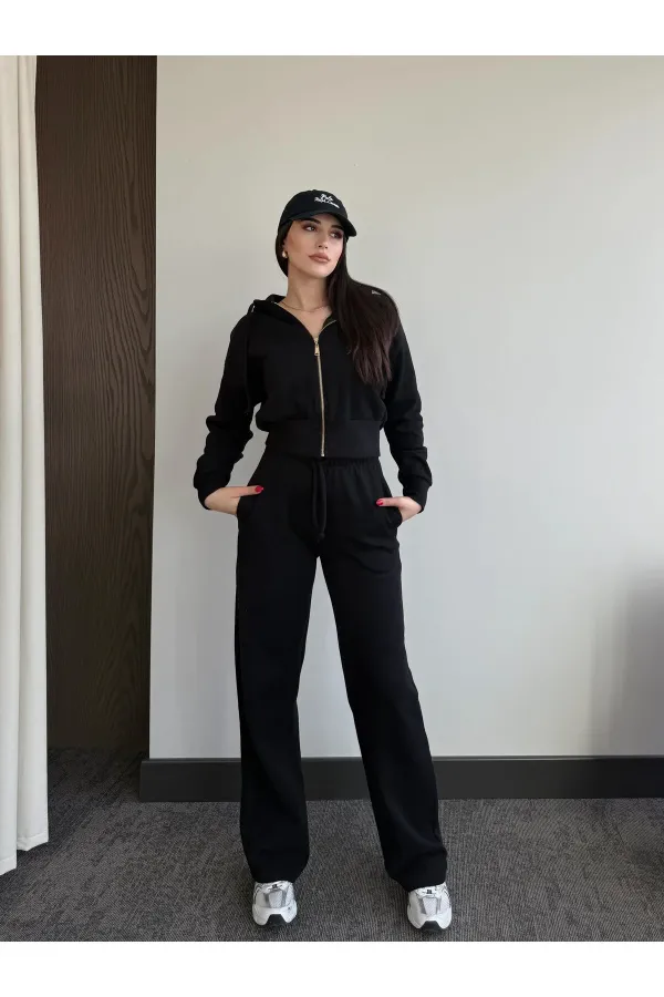Siyah %100 Pamuk Kapüşonlu Fitilli Takım - 51232