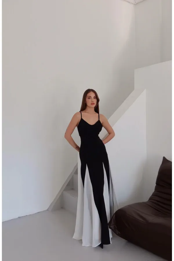 Black and White Long Dress with Adjustable Straps - 0205