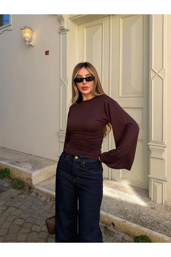 Kahverengi İspanyol Kol Bluz - 261021