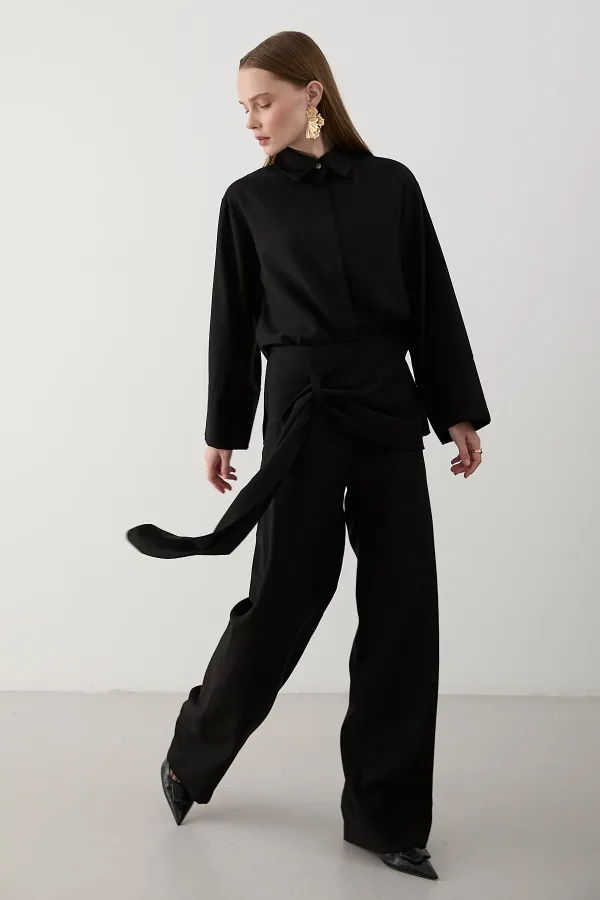 Siyah Beli Detaylı Pantolon Gömlek Takım - 8862