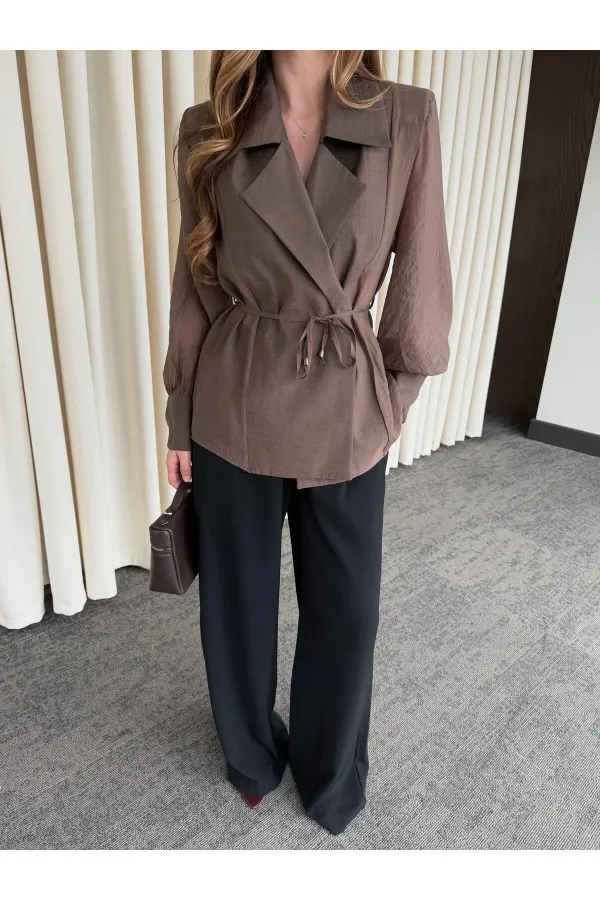 Kahverengi Vatkalı Transparan Gömlek - 5029