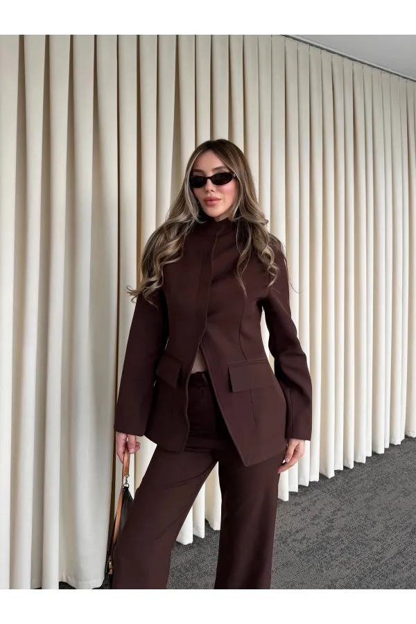 Kahverengi Hakim Yaka Ceket Pantolon Takım - 7100