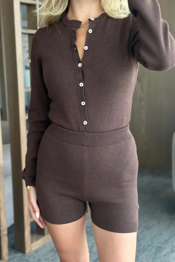 Brown Bodysuit Cardigan Shorts Knit Set Brown Bodysuit Cardigan Shorts Knit Set