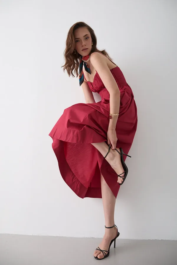 Kırmızı Bel Detaylı Poplin Elbise - 2001