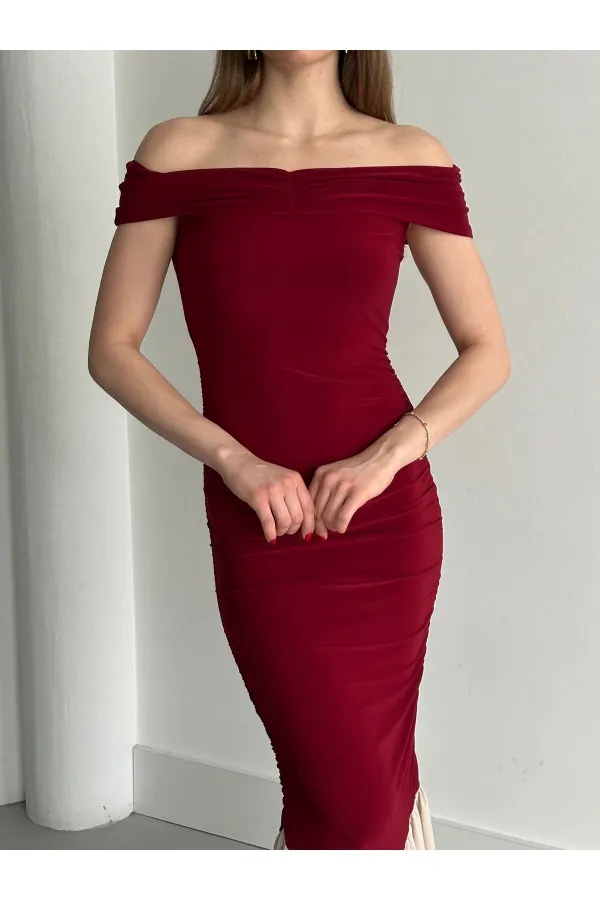 Bordo Kayık Yaka Fırfırlı Elbise - 4798