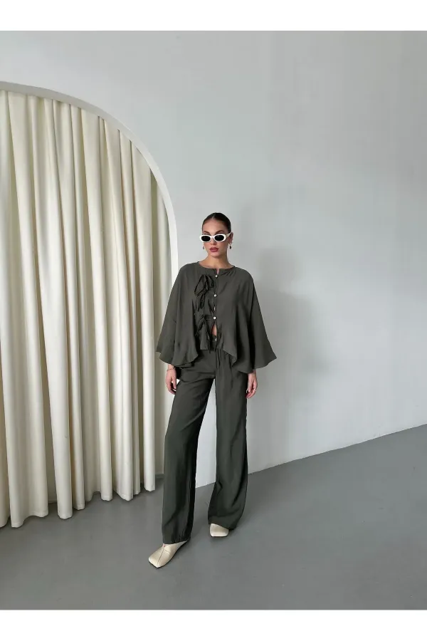 Ensemble chemisier et pantalon kaki avec détails de surpiqûres au col - 9002