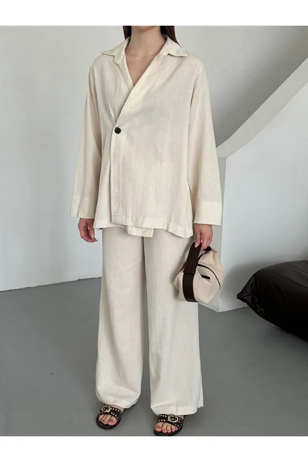 Natural 100% Cotton Double-Breasted Single-Button Kimono Pants Set - 8351 Natural 100% Cotton Double-Breasted Single-Button Kimono Pants Set - 8351